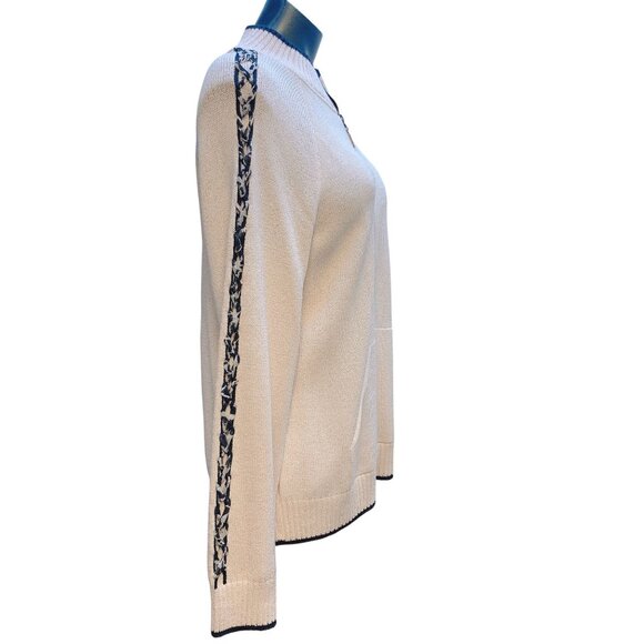 St. John Sport Cream Black Knit Cardigan Zipper Braided Sleeve Detail M - Picture 3 of 10